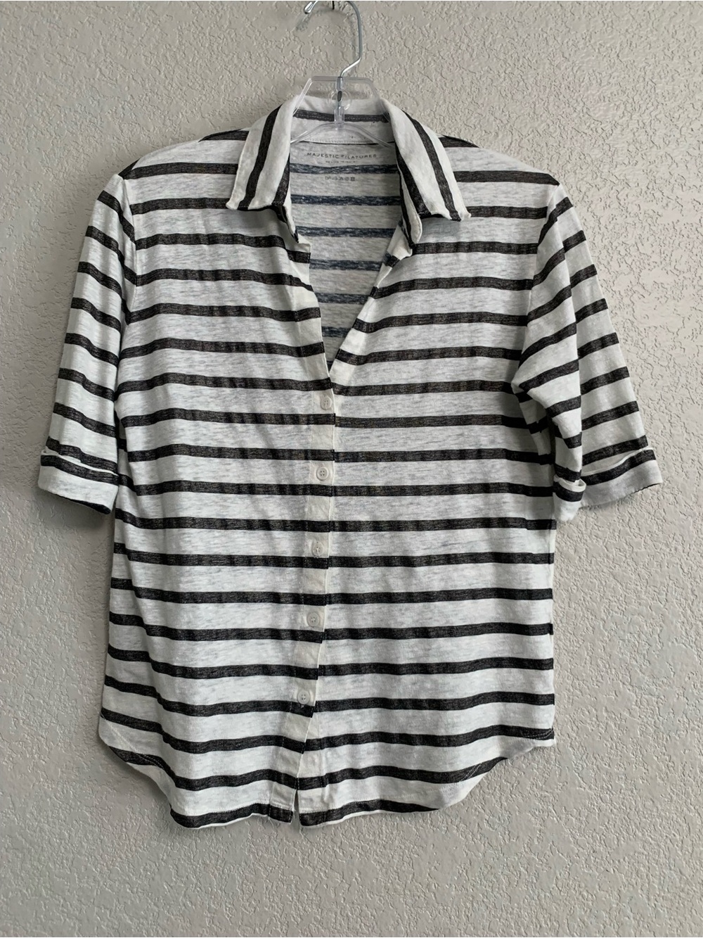 Majestic Filatures Shirt Top Womens S Linen Striped Metallic Preppy Coastal